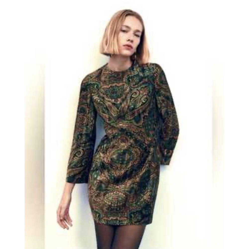 Zara Womens Size Medium Dress Paisley Green Velvet Boho Long Sleeve